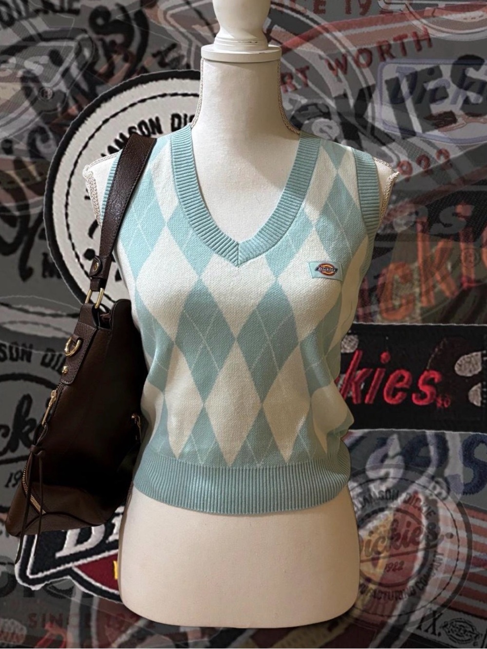 Dickies Women's Turquoise & White Argyle V-Neck Sweater Vest